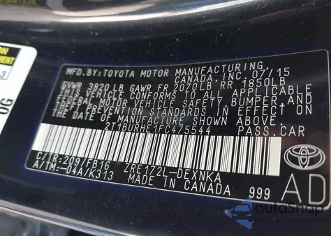 2015 Toyota Corolla Le from USA, damaged, VIN 2T1BURHE1FC475544